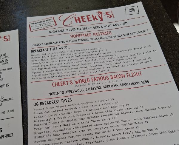 Cheeky’s Palm Springs weekly breakfast menu featuring specials, pastries, and the bacon flight.