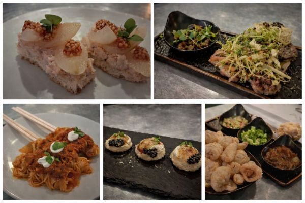 Collage of five dishes from Counter Reformation at Parker Palm Springs, including jamón mousse crostini with pear and mustard seed, frisée‑topped short rib, lobster spaghetti served with chopsticks, caviar canapés, and chicharrones with house dips.