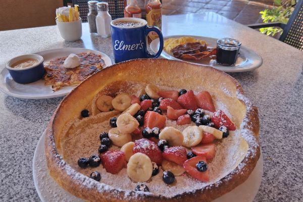 The signature German Panckae at Elmer's in Palm Springs - with potato pancakes and coffee
