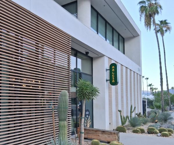 Exterior of Maleza restaurant at Drift Palm Springs with modern architecture, desert landscaping, and tall palms.