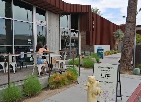 An exterior shot of Cartel Roasting at the Arrive Hotel in North Palm Springs