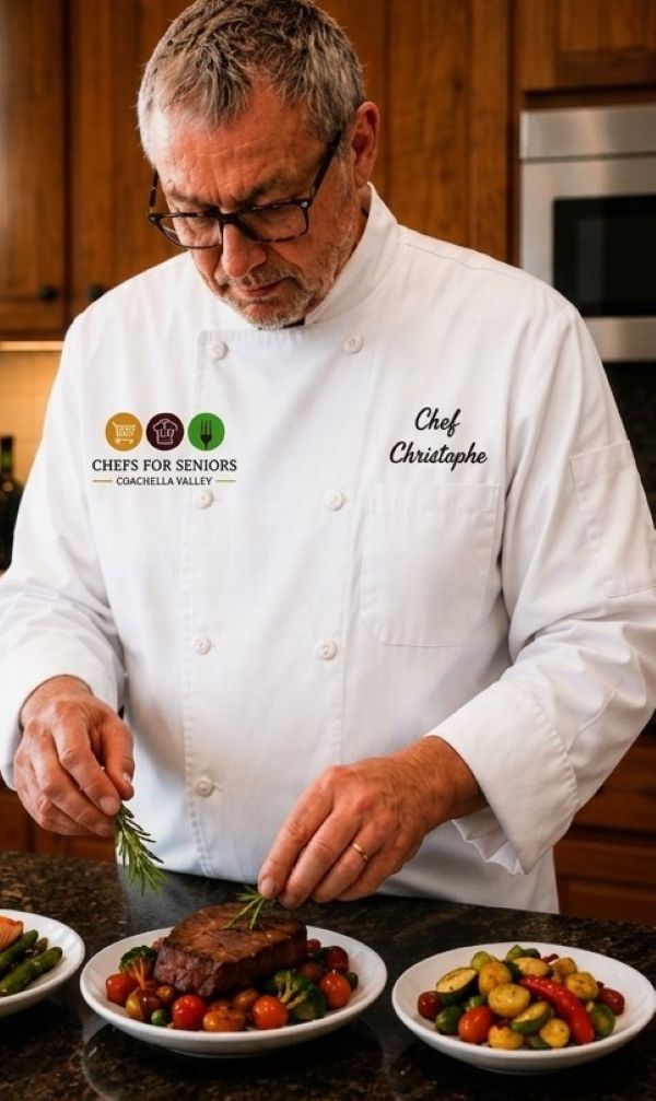 Chef Christophe Douheret garnishing a plated steak with fresh vegetables in a home kitchen