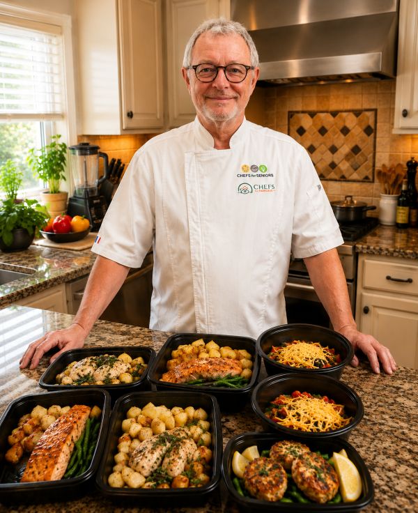 Chef Christophe standing behind a counter displaying five freshly prepared meals, including salmon, chicken, vegetables, and pasta