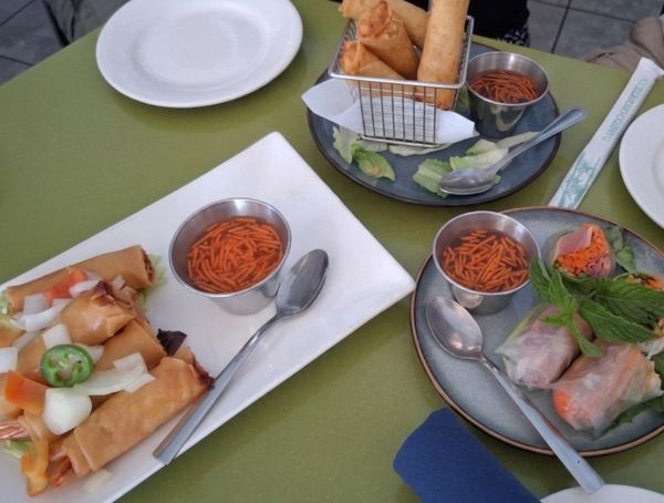 Three styles of spring rolls — fried, fresh, and basket‑served — displayed on a green table with dipping sauces.