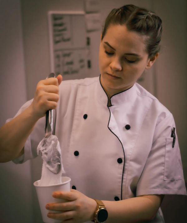 Gabrielle Nagengast makes frozen custard at the Perdect Pint Palm Desert production facility