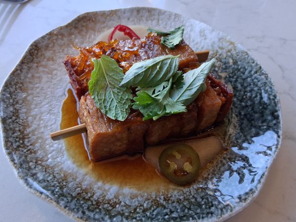 Kurobuta Pork Belly Skewers with yuzu marmalade, herbs, chilis, and pickled apple served at Yozu Asian Bistro in Palm Desert.